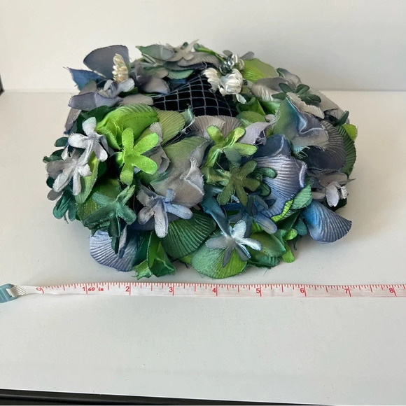 Elegant Vintage Modern Miss Blue Green Floral Pillbox Hat - Picture 11 of 12